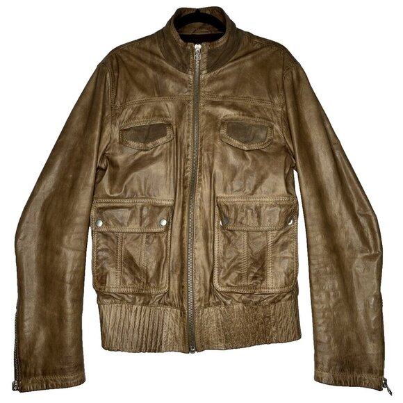 RARE ZARA Man Camel Brown Goat Leather Jacket Size Medium - Vintage - Picture 2 of 16